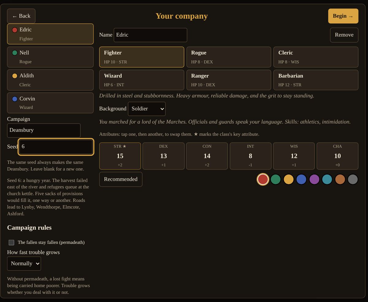 The company screen: four adventurers, the six classes, attributes, and the seed box, where seed 6 is shown to be a hungry year.