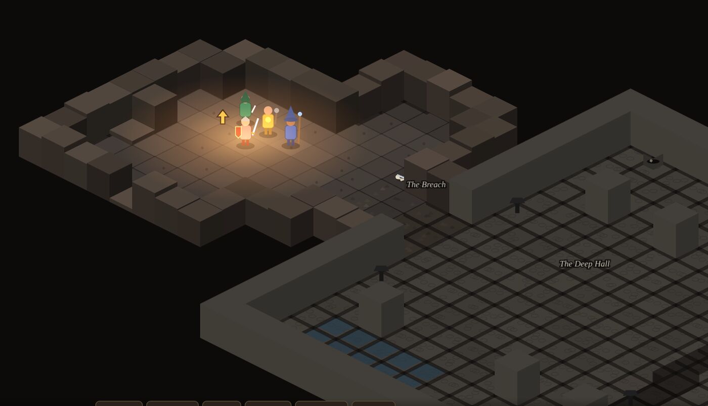 The company in the Deep Hall under the Tor, standing in the one pool of light at the breach; the great hall beyond is stone, pillars and dark water.