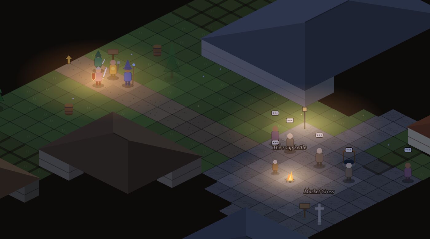 Deansbury at half past eight at night, drawn in isometric: the company of four stands under a lamp by the church; across the square a queue waits by a soup kettle lit by a small fire, near the market cross.
